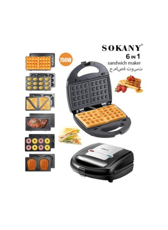 sokany 8 in 1 Multi Snacks Maker with Sandwich/Panini-Grill-Waffle-Donut-Nutty-Biscuit-Omelette-Hot Dog,Detachable Plates 750W SK-B140 Black/Silver - Image 2