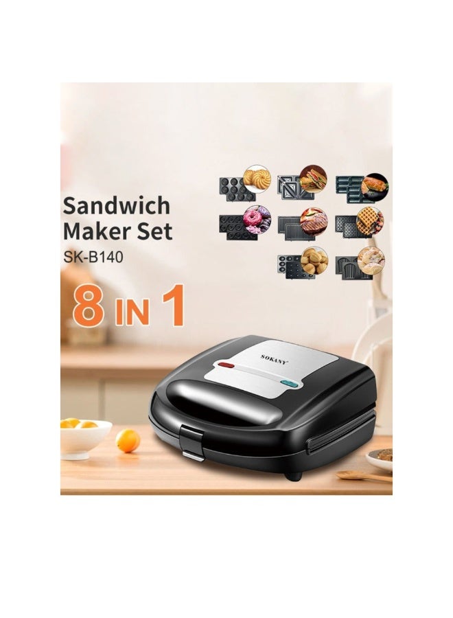 sokany 8 in 1 Multi Snacks Maker with Sandwich/Panini-Grill-Waffle-Donut-Nutty-Biscuit-Omelette-Hot Dog,Detachable Plates 750W SK-B140 Black/Silver - Image 1