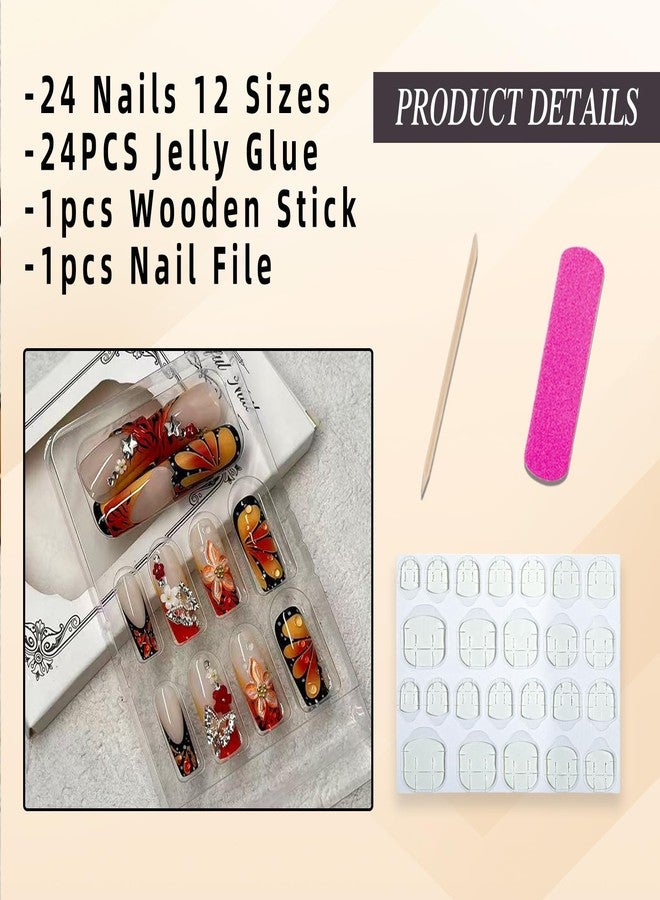 Jremg Orange French Tip Press on Nails Long Square Fake Nails with Flower Charms Design 3D Floral Full Cover Glue on Nails Reusable Luxury Orange Black Flower Butterfly False Nails for Women 24Pcs - Image 5
