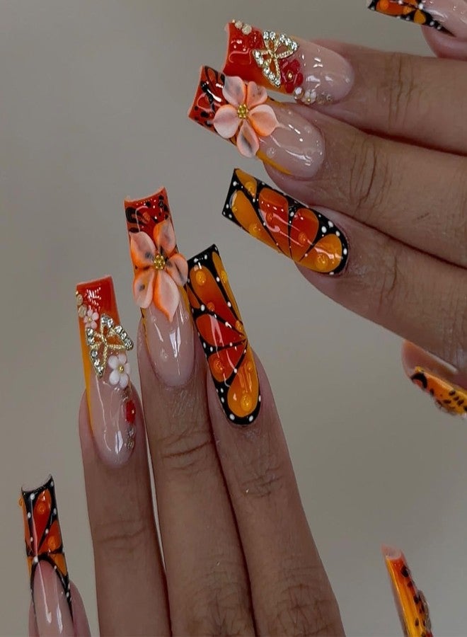 Jremg Orange French Tip Press on Nails Long Square Fake Nails with Flower Charms Design 3D Floral Full Cover Glue on Nails Reusable Luxury Orange Black Flower Butterfly False Nails for Women 24Pcs - Image 1
