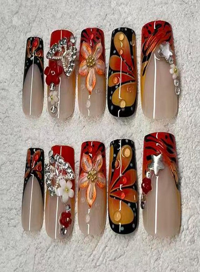 Jremg Orange French Tip Press on Nails Long Square Fake Nails with Flower Charms Design 3D Floral Full Cover Glue on Nails Reusable Luxury Orange Black Flower Butterfly False Nails for Women 24Pcs - Image 3