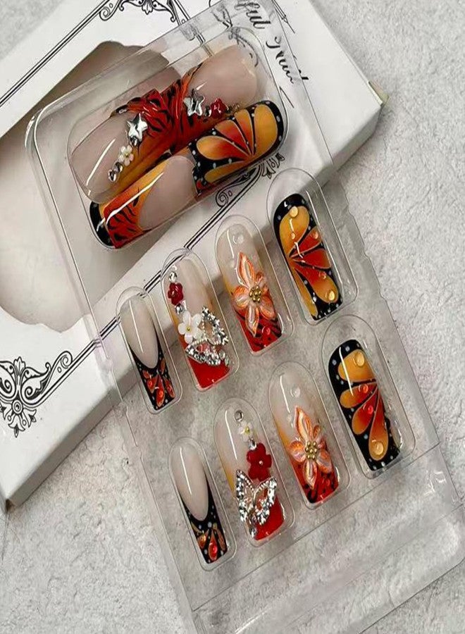 Jremg Orange French Tip Press on Nails Long Square Fake Nails with Flower Charms Design 3D Floral Full Cover Glue on Nails Reusable Luxury Orange Black Flower Butterfly False Nails for Women 24Pcs - Image 2