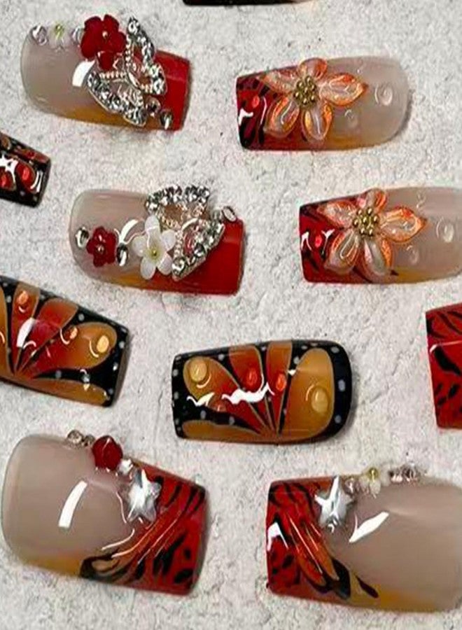 Jremg Orange French Tip Press on Nails Long Square Fake Nails with Flower Charms Design 3D Floral Full Cover Glue on Nails Reusable Luxury Orange Black Flower Butterfly False Nails for Women 24Pcs - Image 4