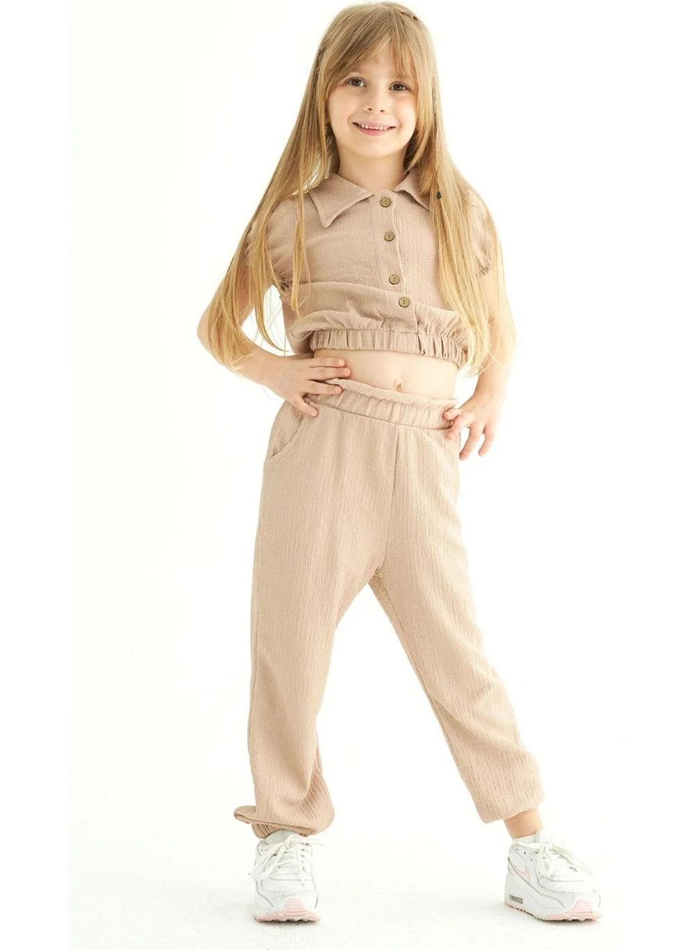Zepkids Crew Neck Short Sleeve Watermelon Sleeve Shirt Beige Color Girl Child Pants Set