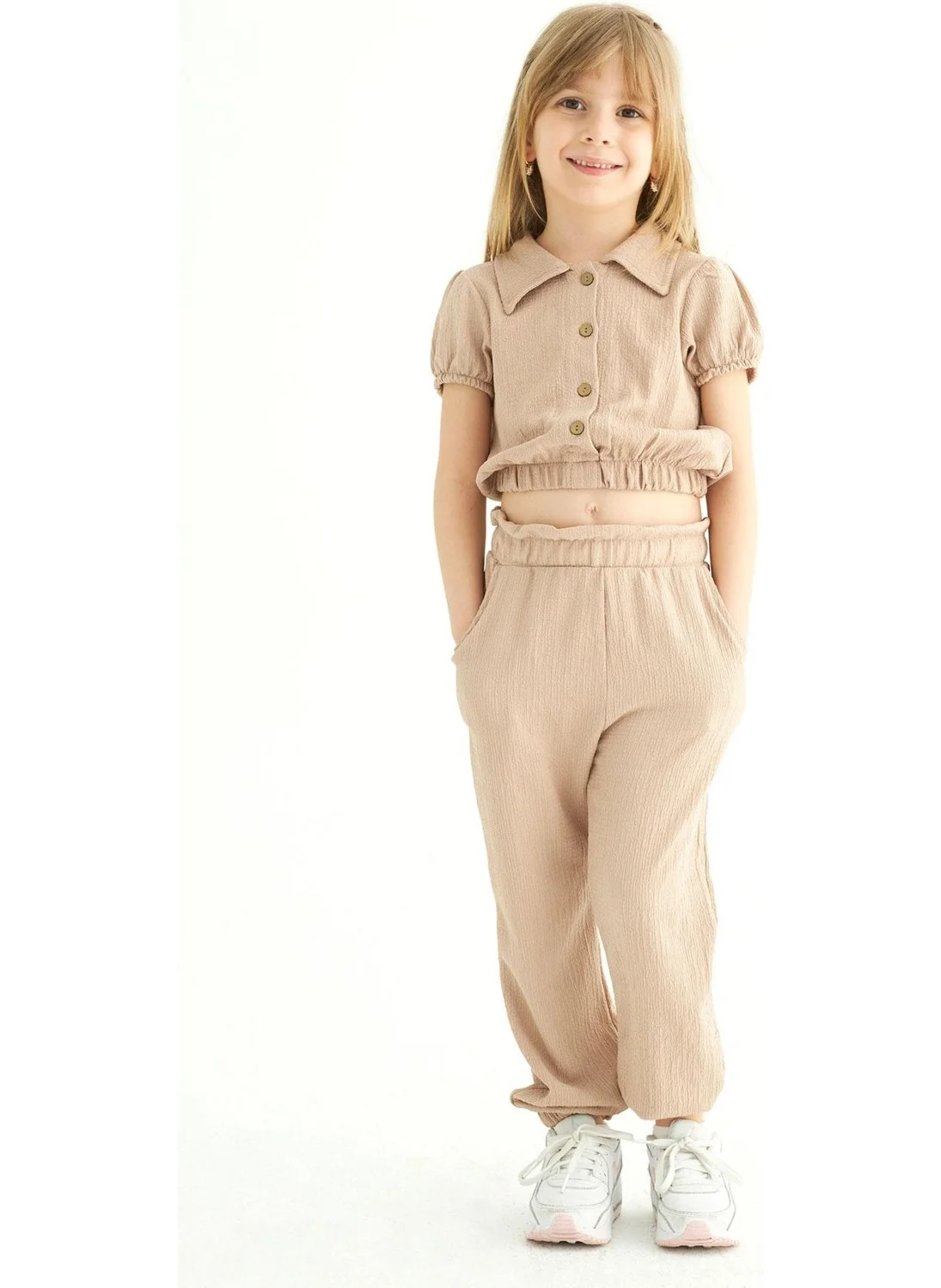 Zepkids Crew Neck Short Sleeve Watermelon Sleeve Shirt Beige Color Girl Child Pants Set