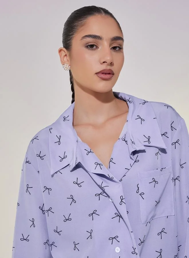 Take Two Bow Print Longline Oversized Shirt