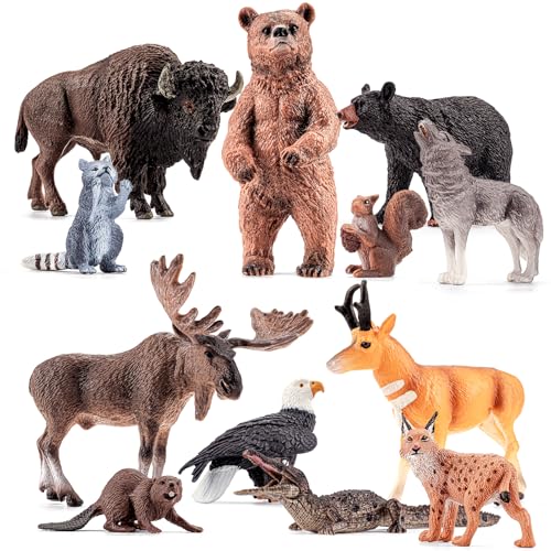 THINKBAY 12PCS Large North American Animal Figurines Realistic Safari Woodland Jungle Animals Figures Toys Includes CrocodileWolfBearDeer Birthday Gift Party Favors Valentines Day Gifts for Kids - Image 1