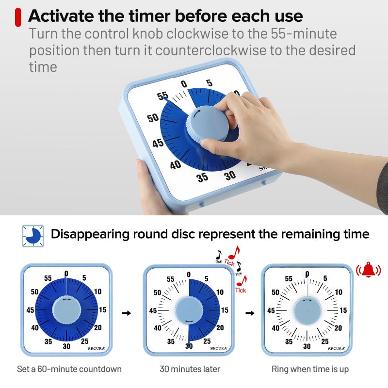 Secura 7.5 Inch Visual Timer, 60 Minute Visual Oversize Countdown Timer for Kids and Adults, Durable Mechanical Time Management Tool (Blue) - Image 3