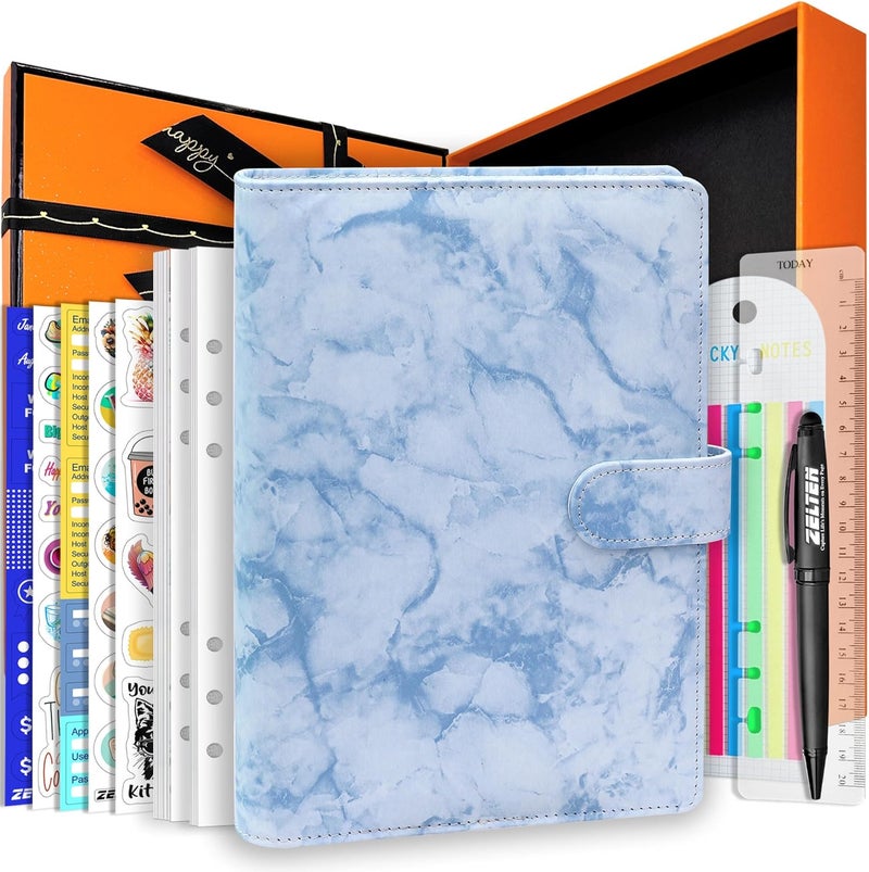 Zelten PU Leather Personal Notebook Planner with 80 Pages Loose-Leaf Papers 6 Holes Ring Binder Pen Holder Magnetic Buckle (Blue Marble, A5 Gift Box) - Image 1