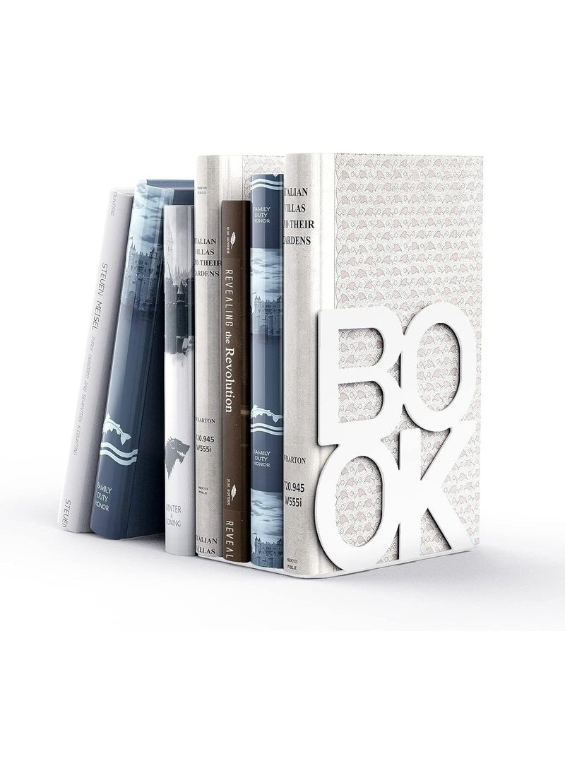 Oasisgalore 1 Pair Decorative Metal Book Ends Supports for Bookrack Desk Books Book Shelf Holder，Unique Design(White) - Image 1