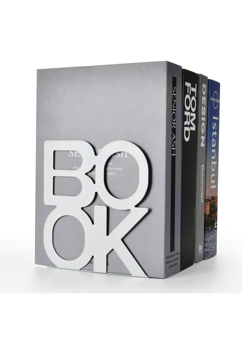 Oasisgalore 1 Pair Decorative Metal Book Ends Supports for Bookrack Desk Books Book Shelf Holder，Unique Design(White) - Image 5