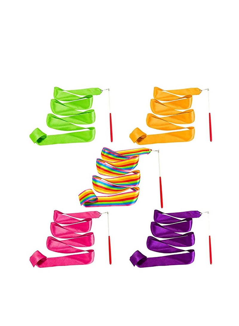 SYOSI Streamers Rhythmic Dance Ribbons, 5 Pieces Rainbow Streamers Rhythmic Gymnastics Ribbon Baton Twirling Wands on Sticks for Kids Artistic Dancing, (Rainbow, Rose Red, Orange, Purple, Green) -- Candeer - Image 1