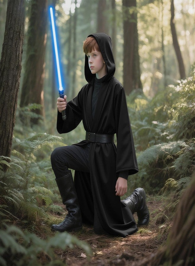 Prebene Kids Knight Robe Hooded Cloak, Halloween Costume for Boys Cosplay 3-14 Years - Ranger Wizard Elven Hooded Cape Robe (Black, XS) - Image 4