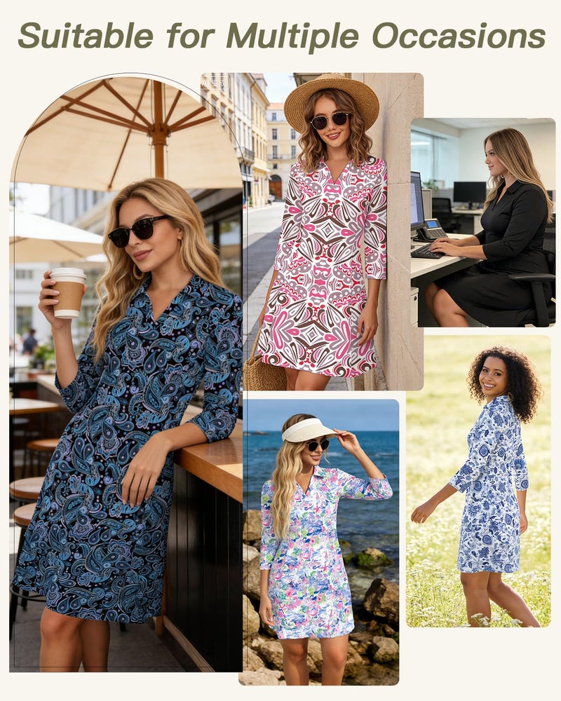 WOWENY 3/4 Sleeve Dress for Women with Pockets V Neck UPF 50+ Casual Sun Dress Breathable Quick Dry Beach Vacation (Black Paisley, S) - Image 5