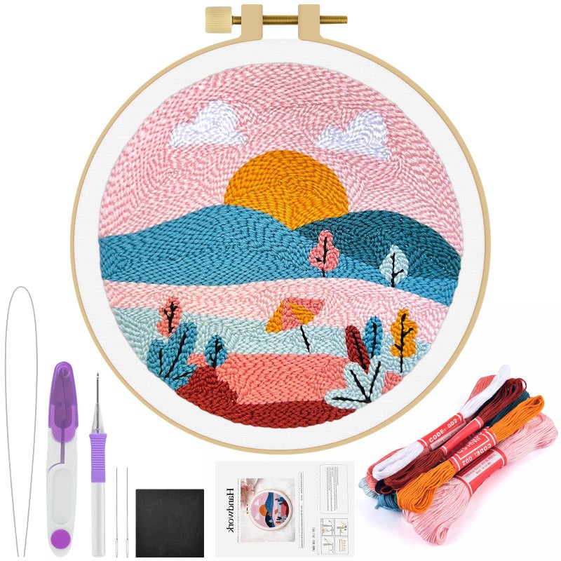 ERKOON Punch Needle Kit Adults Beginners, DIY Easy Landscapes Embroidery Set for Starter Art Craft, Needling Punch Project with Patterns, Tools, Yarns, Hoop, Instruction (Summer) - Image 1
