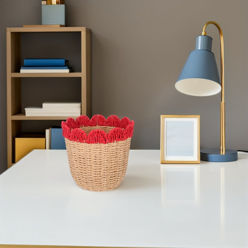 Handwoven Paper Rope Basket: Organizer Bin Farmhouse Round Trash Can Wastepaper Basket for Office Home Bedroom Living Room - Image 3