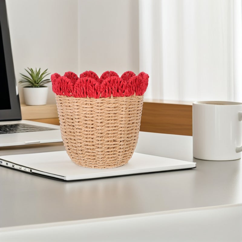 Handwoven Paper Rope Basket: Organizer Bin Farmhouse Round Trash Can Wastepaper Basket for Office Home Bedroom Living Room - Image 5