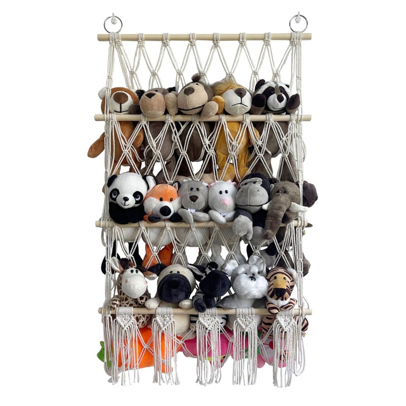 ins Three-layer Storage Rack Simple Decoration Children's Room Book Ornaments Wooden Stick Double-layer Plush Toy Storage Net Pocket(Wooden stick toy storage net pocket three-layer style 1: rice white) - Image 5