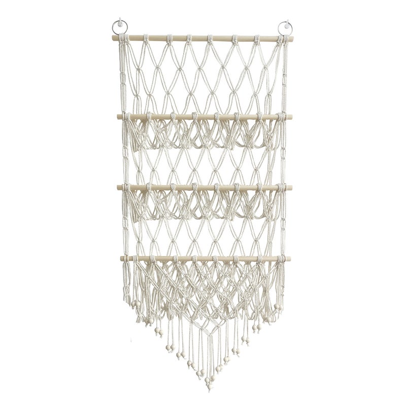 ins Three-layer Storage Rack Simple Decoration Children's Room Book Ornaments Wooden Stick Double-layer Plush Toy Storage Net Pocket(Wooden stick toy storage net pocket three-layer style 1: rice white) - Image 1