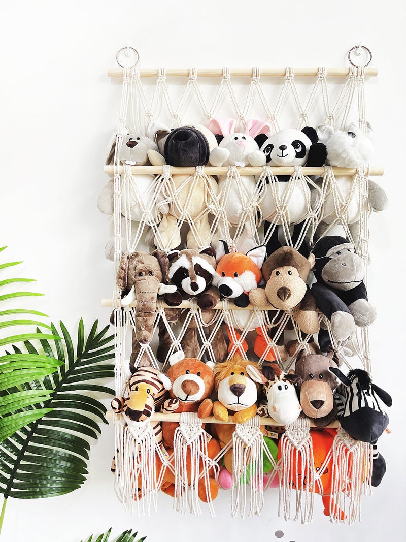 ins Three-layer Storage Rack Simple Decoration Children's Room Book Ornaments Wooden Stick Double-layer Plush Toy Storage Net Pocket(Wooden stick toy storage net pocket three-layer style 1: rice white) - Image 4