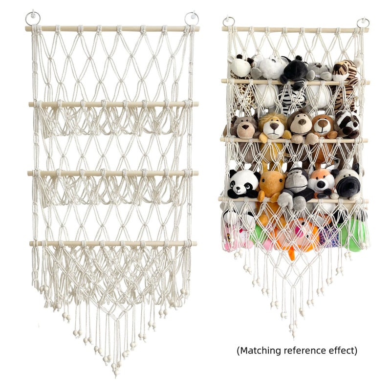 ins Three-layer Storage Rack Simple Decoration Children's Room Book Ornaments Wooden Stick Double-layer Plush Toy Storage Net Pocket(Wooden stick toy storage net pocket three-layer style 1: rice white) - Image 2