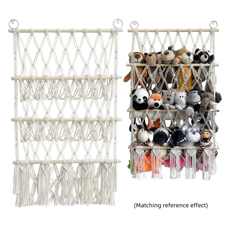 ins Three-layer Storage Rack Simple Decoration Children's Room Book Ornaments Wooden Stick Double-layer Plush Toy Storage Net Pocket(Wooden stick toy storage net pocket three-layer style 1: rice white) - Image 3