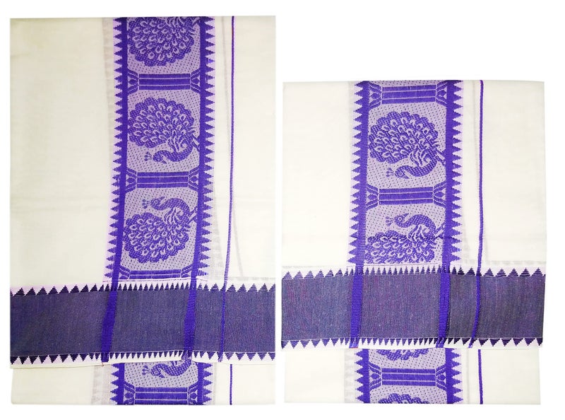 YETTALAN® Women's Kerala Traditional Cotton Set Mundu with Self Jacquard Work 2.80&2.00 Mtr (Violet Peacock) - Image 3