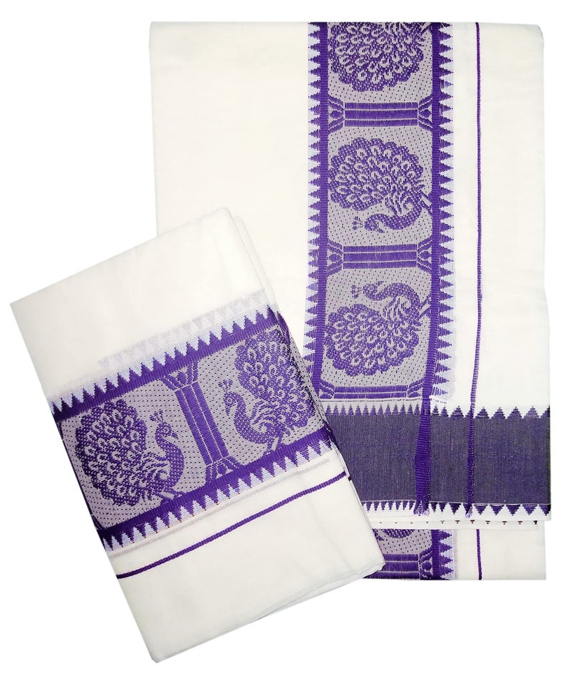 YETTALAN® Women's Kerala Traditional Cotton Set Mundu with Self Jacquard Work 2.80&2.00 Mtr (Violet Peacock) - Image 1