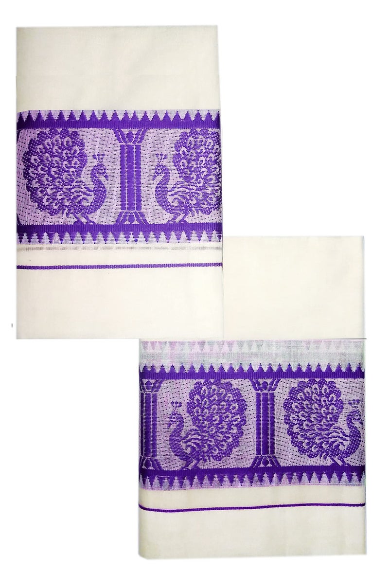 YETTALAN® Women's Kerala Traditional Cotton Set Mundu with Self Jacquard Work 2.80&2.00 Mtr (Violet Peacock) - Image 2