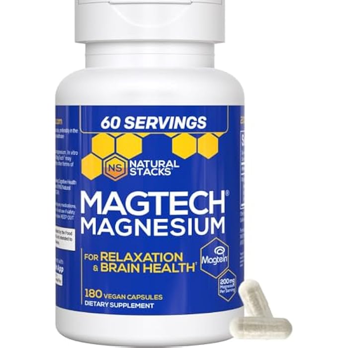 Natural Stacks MagTech Magnesium Supplement - 3 Forms of Magnesium: Magtein L-Threonate, Glycinate & Taurate - 200mg Chelated Magnesium Complex - Supports Relaxation & Brain Health - 180 Capsules - Image 2