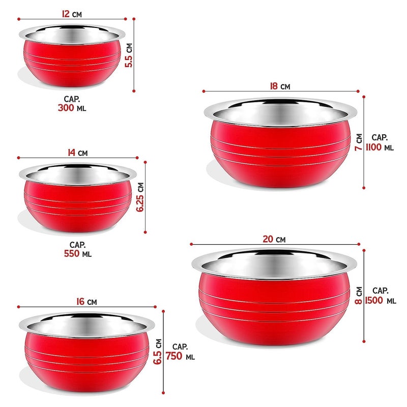 Stainless Steel Powder Coating Handi/Bowl Set Without Lid Cookware (Size: 300 ml, 550 ml, 750 ml, 1100 ml, 1500 ml) Set of 5 Pieces Red Handi  - Image 4