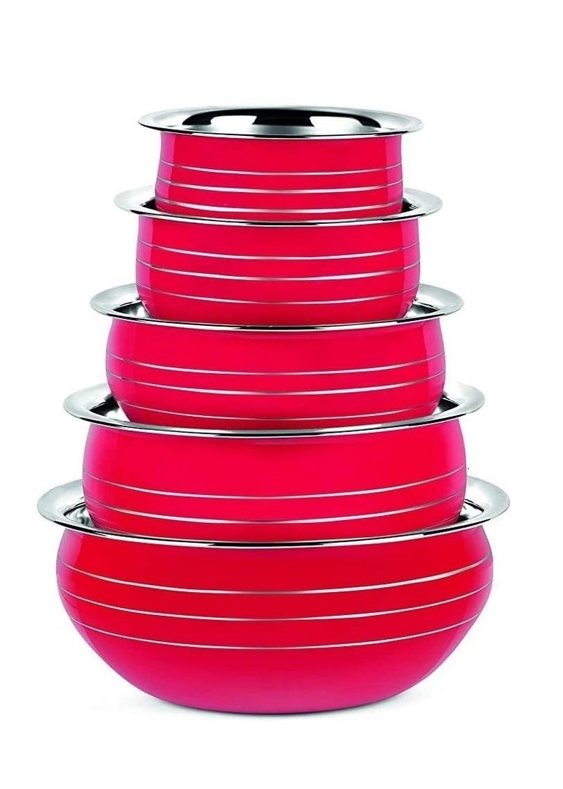Stainless Steel Powder Coating Handi/Bowl Set Without Lid Cookware (Size: 300 ml, 550 ml, 750 ml, 1100 ml, 1500 ml) Set of 5 Pieces Red Handi  - Image 1