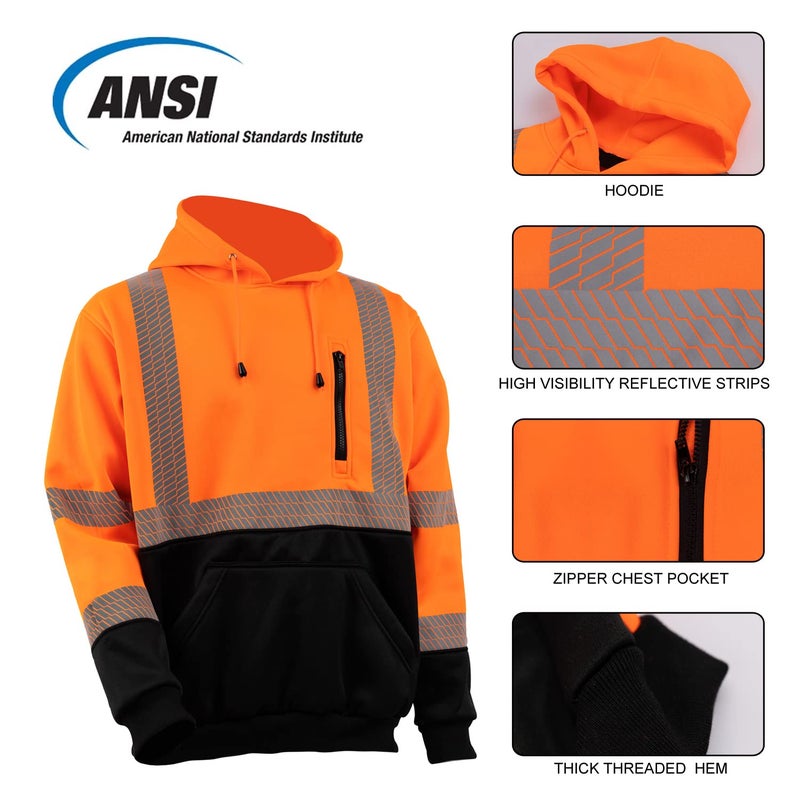 VENDACE High Visibility Reflective Safety Fleece Sweatshirt Hoodies for Men ANSI Class 3 Hi Vis Pullover Hoodie Jacket (Orange,L) - Image 4