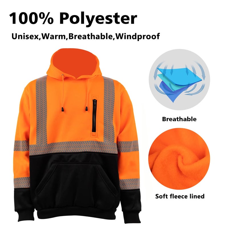 VENDACE High Visibility Reflective Safety Fleece Sweatshirt Hoodies for Men ANSI Class 3 Hi Vis Pullover Hoodie Jacket (Orange,L) - Image 5