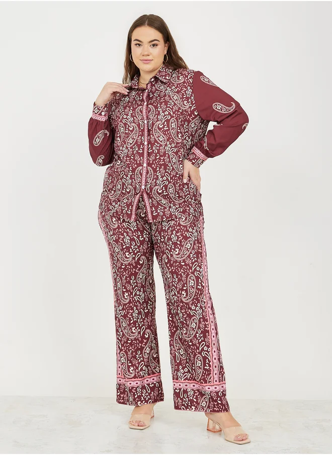 Styli Styli Plus Paisley Print Shirt and Wide Leg Pant Set