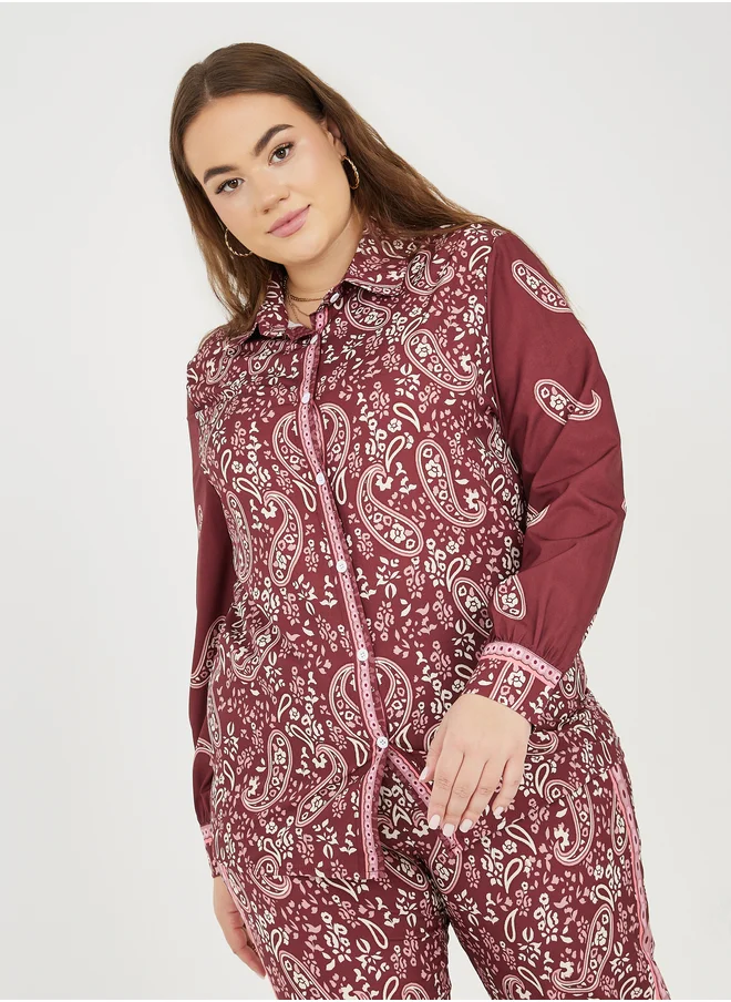 Styli Styli Plus Paisley Print Shirt and Wide Leg Pant Set