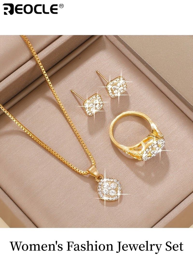 REOCLE Women's Fashion Square Gold Jewelry Set with Ring Earrings Necklace Minimalist Style Glass Inlay Alloy Base Gold Plated Finish Stylish Elegant Suitable for Everyday Wear Ideal for Teacher's Day Back to School Graduation Season for Women Ladies Adults - Image 1