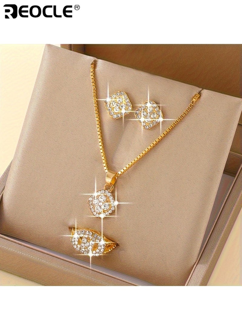 REOCLE Women's Fashion Square Gold Jewelry Set with Ring Earrings Necklace Minimalist Style Glass Inlay Alloy Base Gold Plated Finish Stylish Elegant Suitable for Everyday Wear Ideal for Teacher's Day Back to School Graduation Season for Women Ladies Adults - Image 2