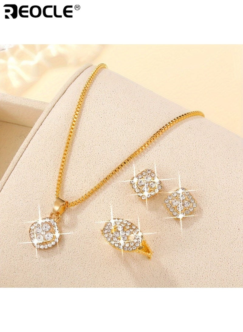 REOCLE Women's Fashion Square Gold Jewelry Set with Ring Earrings Necklace Minimalist Style Glass Inlay Alloy Base Gold Plated Finish Stylish Elegant Suitable for Everyday Wear Ideal for Teacher's Day Back to School Graduation Season for Women Ladies Adults - Image 4