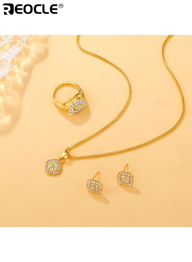 REOCLE Women's Fashion Square Gold Jewelry Set with Ring Earrings Necklace Minimalist Style Glass Inlay Alloy Base Gold Plated Finish Stylish Elegant Suitable for Everyday Wear Ideal for Teacher's Day Back to School Graduation Season for Women Ladies Adults - Image 3