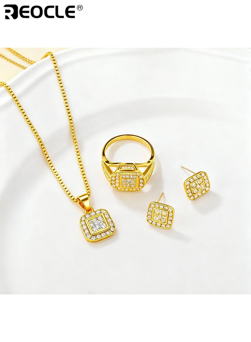 REOCLE Women's Fashion Square Gold Jewelry Set with Ring Earrings Necklace Minimalist Style Glass Inlay Alloy Base Gold Plated Finish Stylish Elegant Suitable for Everyday Wear Ideal for Teacher's Day Back to School Graduation Season for Women Ladies Adults - Image 5