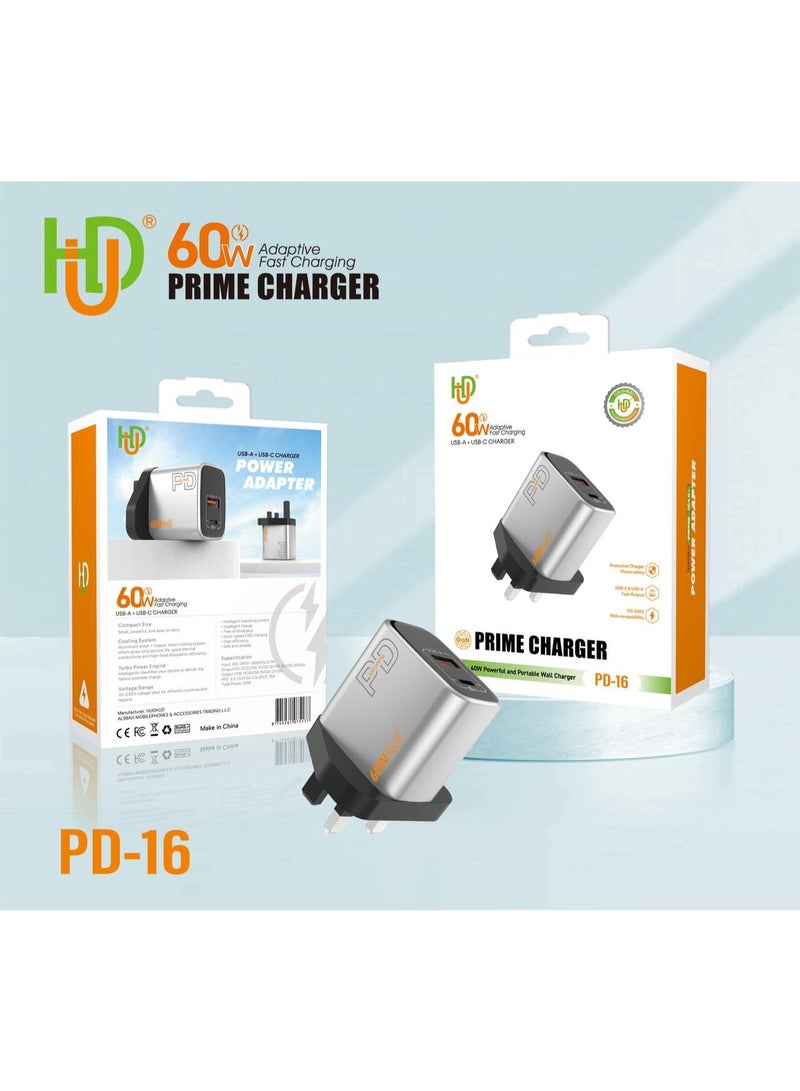 60W PD USB Power Adapter - Fast Charging with USB-A & USB-C Ports - PD-16 Model - Prime Charger