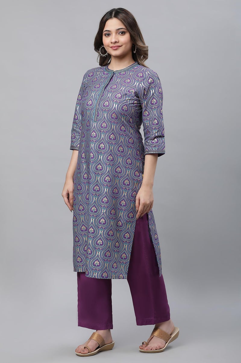 Aurelia Women's Purple Embroidered Festive Kurta in Floral Print - Image 2