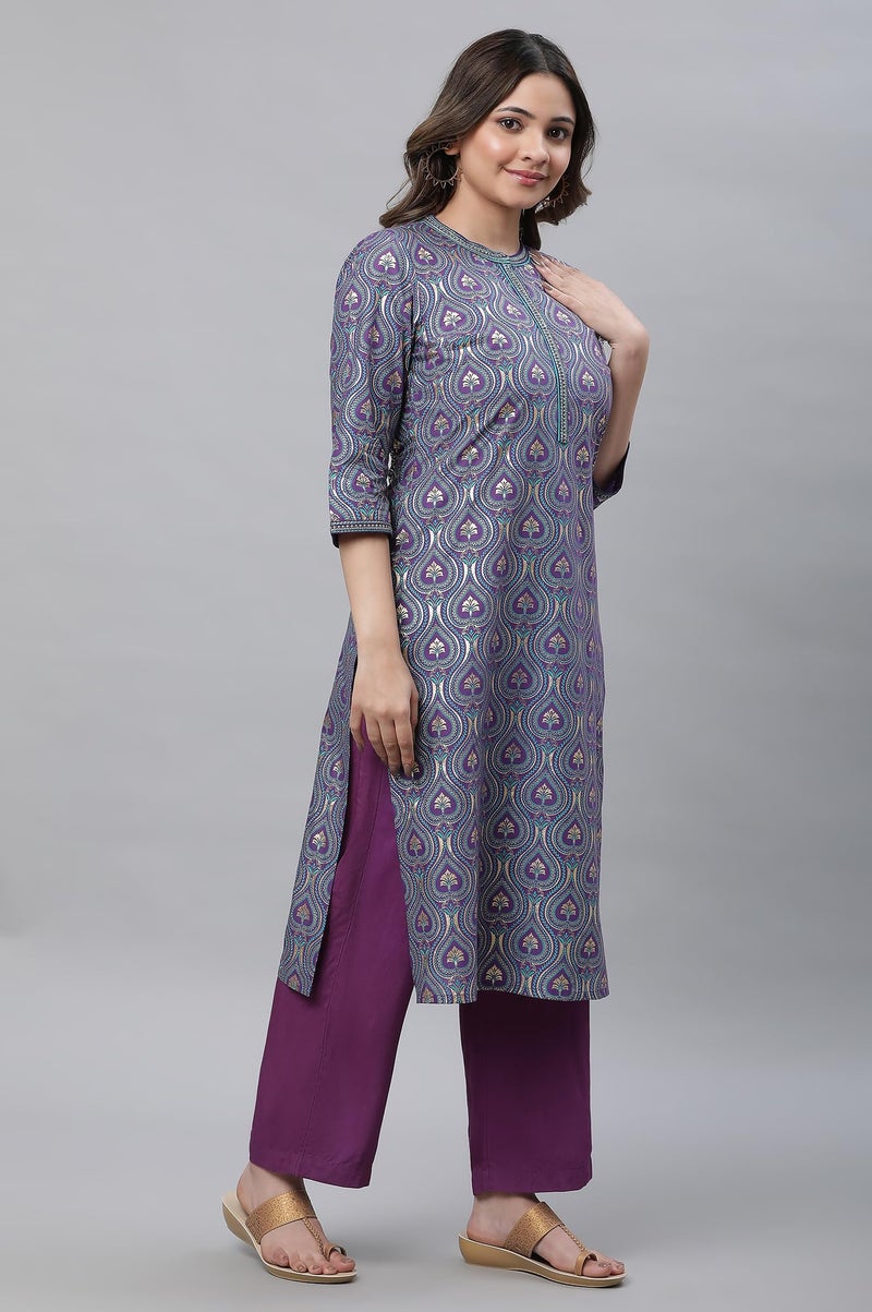 Aurelia Women's Purple Embroidered Festive Kurta in Floral Print - Image 4