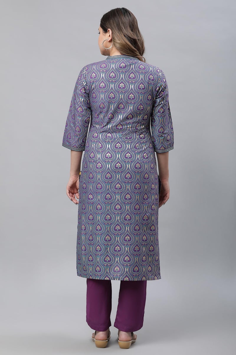 Aurelia Women's Purple Embroidered Festive Kurta in Floral Print - Image 3
