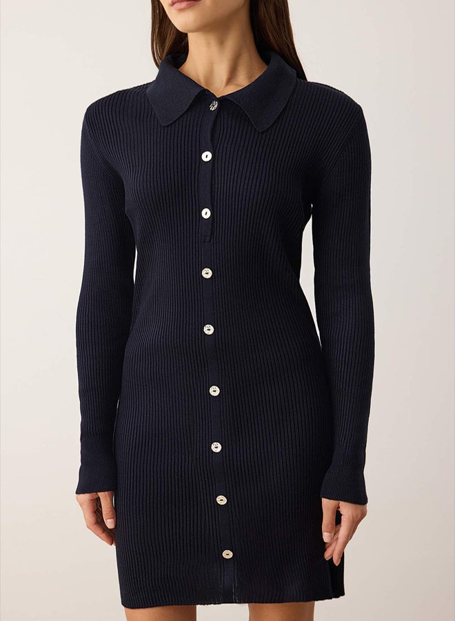 trendyol Navy Blue Plain Short / Mini Polo Neck Fitted/Bodycon ALine Knitwear Dress - Image 3