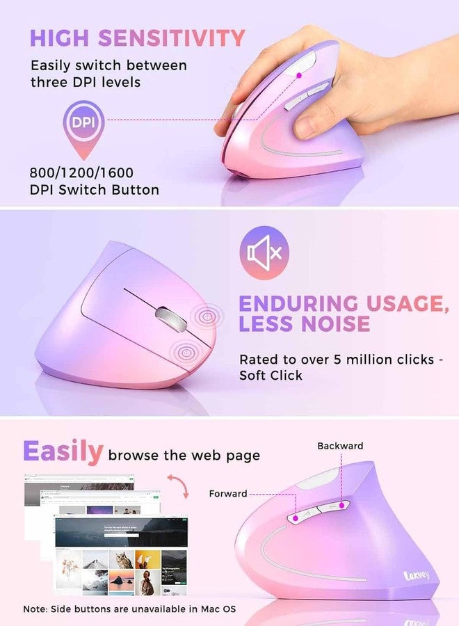 Lekvey Ergonomic Mouse, Vertical Wireless Mouse Rechargeable 2.4 GHz Optical Carpal Tunnel Mouse : 800/1200/1600 DPI, 6 Buttons, for Laptop, PC, Mac, Computer, Desktop, Notebook etc, Pink to Purple - Image 5