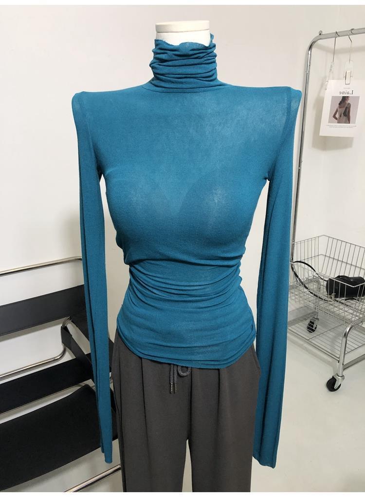 Match hao unique child ~ thin soft high collar micro-transparent long sleeve T-shirt pile collar base shirt jacket Lake Blue 