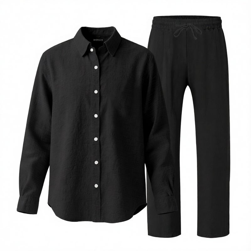 Men's Linen Shirt and Pants Set Casual Beach Lounge Suit Lightweight Long Sleeve - Image 4