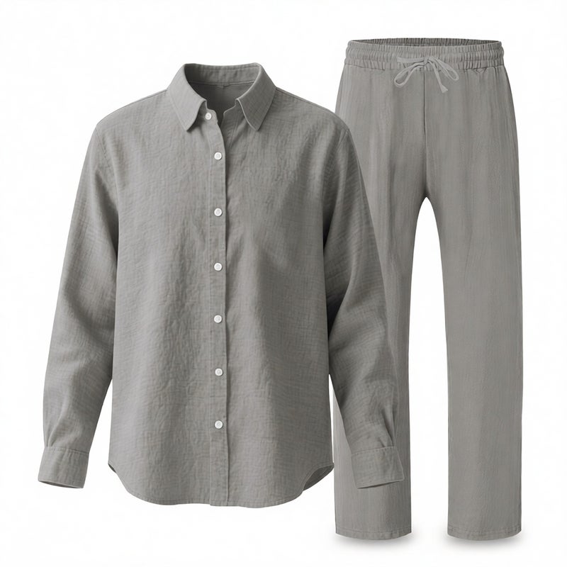 Men's Linen Shirt and Pants Set Casual Beach Lounge Suit Lightweight Long Sleeve - Image 3
